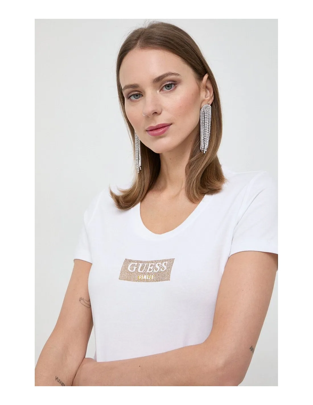 Camiseta con logo grabado en strass de Guess