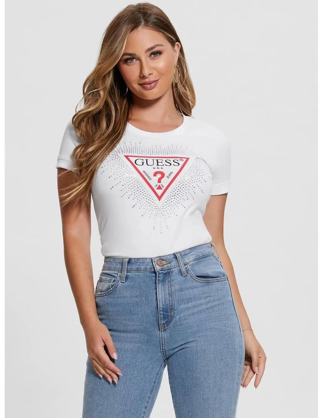 Camiseta elástica logo triángulo strass de Guess