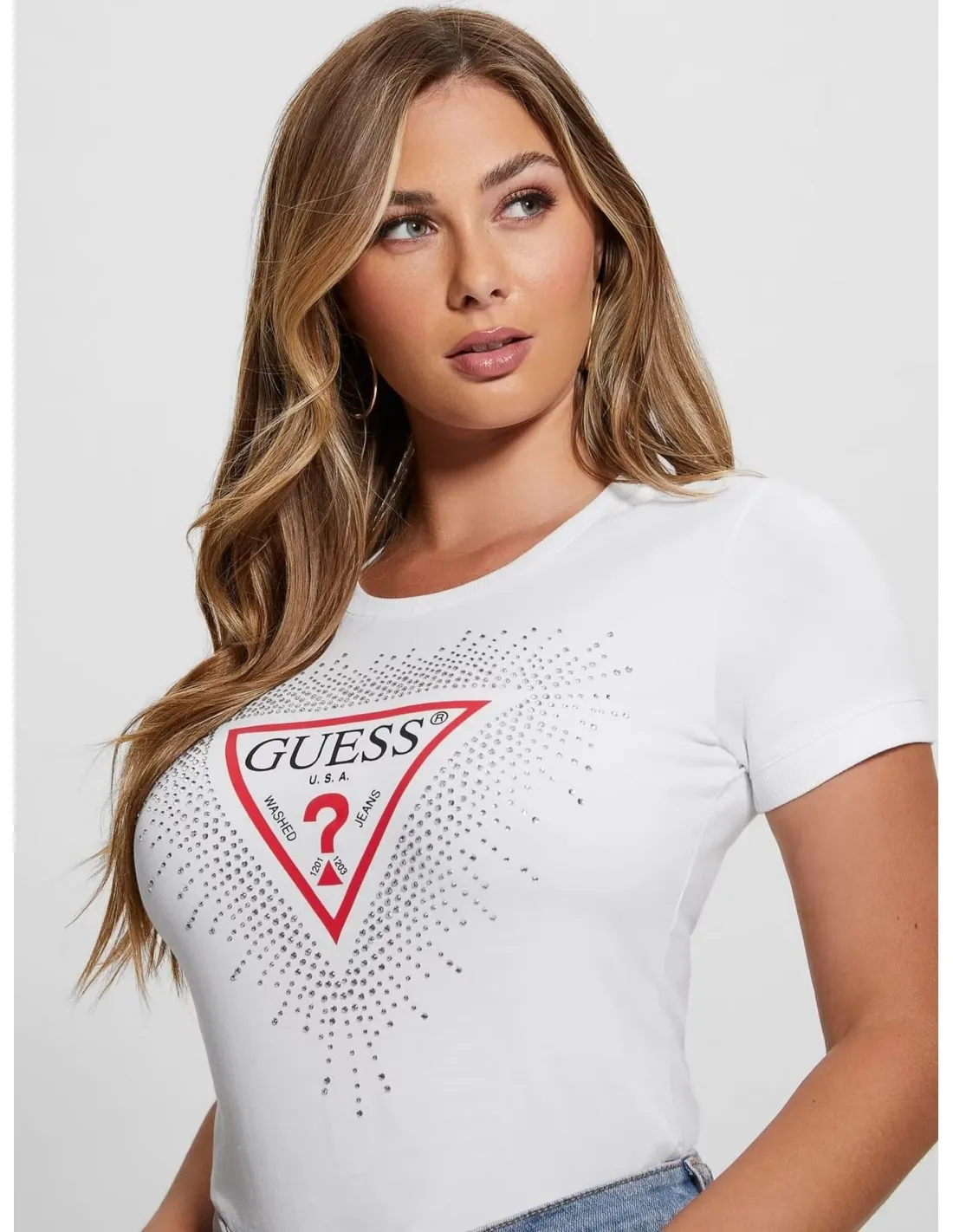 Camiseta elástica logo triángulo strass de Guess