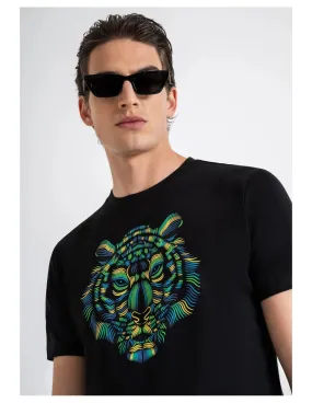 Camiseta slim fit de punto de algodón con estampado de tigre con efecto rizo de Antony Morato