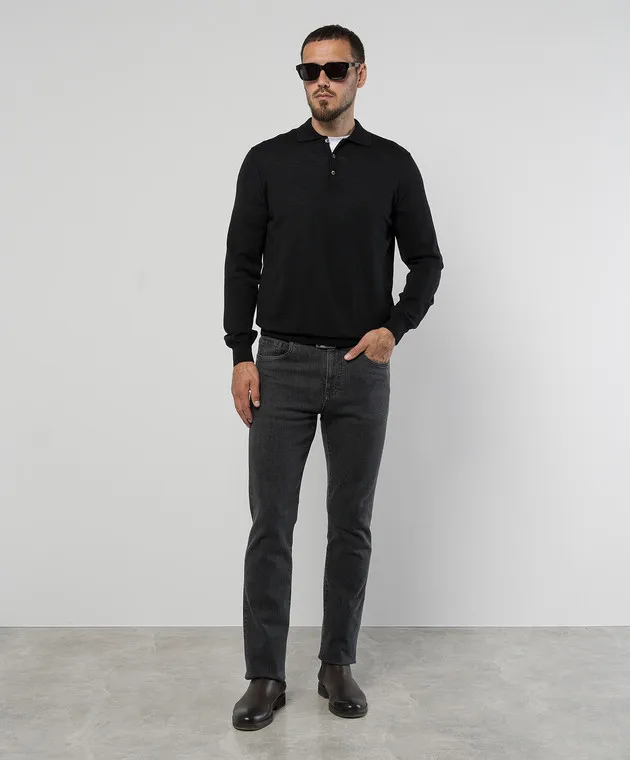 Canali Black merino wool polo shirt