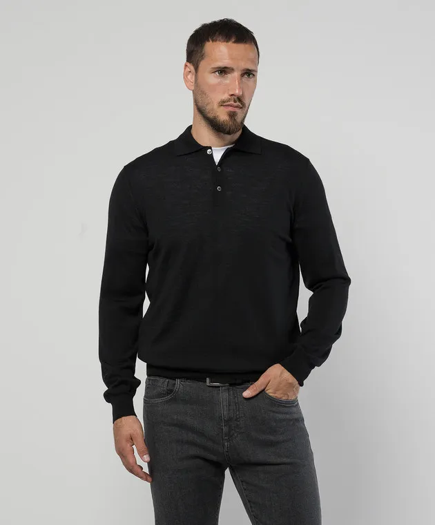 Canali Black merino wool polo shirt