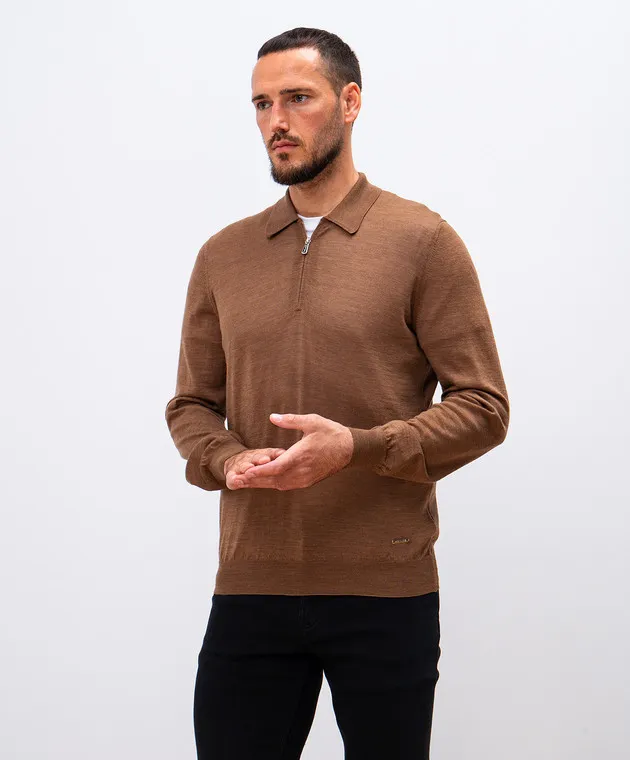 Enrico Mandelli Brown wool polo shirt with metallic logo