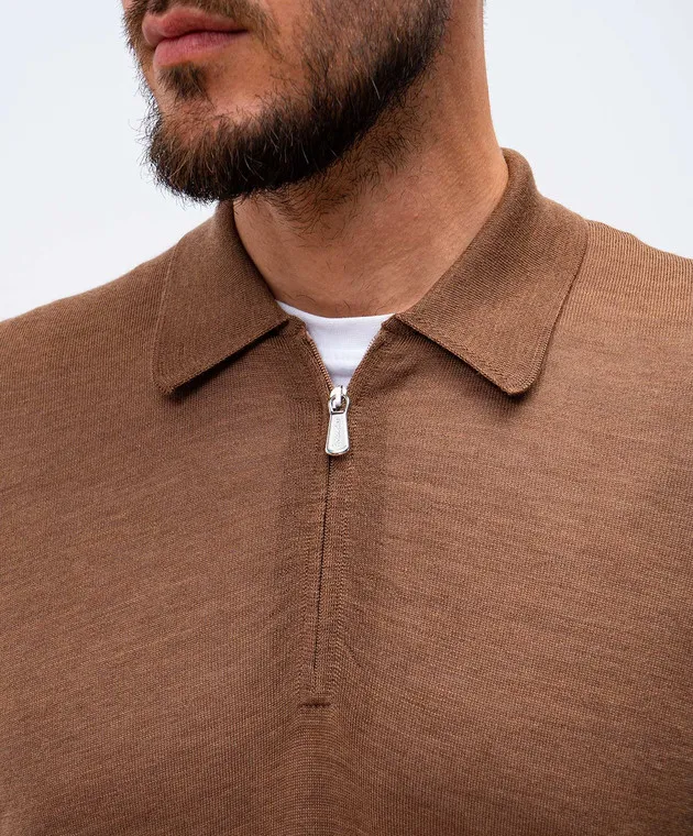 Enrico Mandelli Brown wool polo shirt with metallic logo