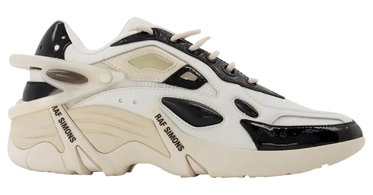 Raf Simons Cylon-21 Deportivas en Piel Marfil y Negra Impresión de pitón 