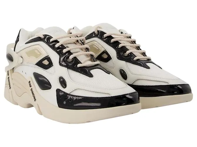 Raf Simons Cylon-21 Deportivas en Piel Marfil y Negra Impresión de pitón 