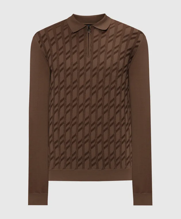 Stefano Ricci Brown patterned cashmere and silk polo shirt