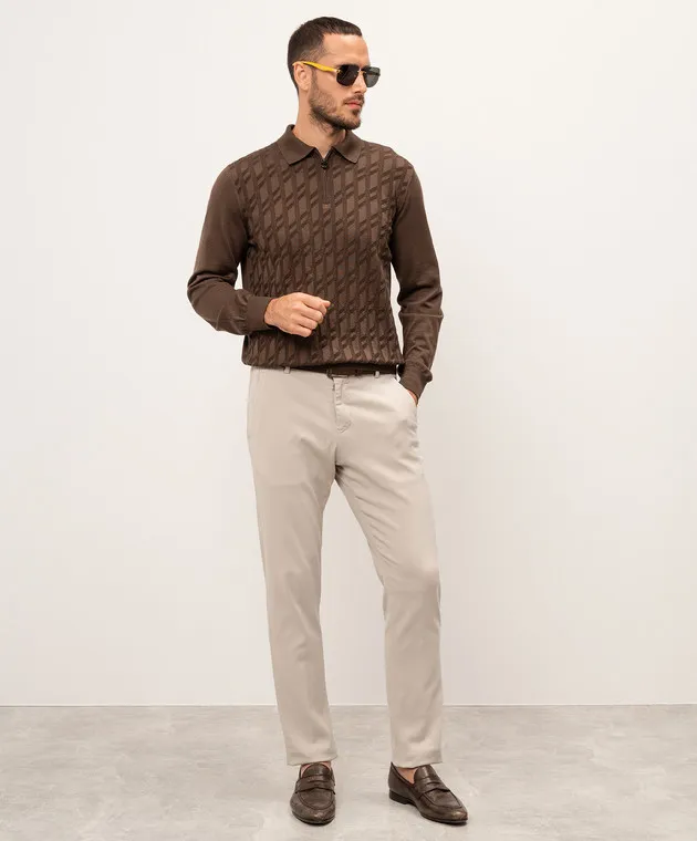 Stefano Ricci Brown patterned cashmere and silk polo shirt