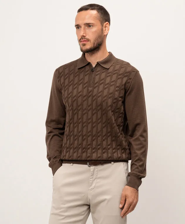 Stefano Ricci Brown patterned cashmere and silk polo shirt